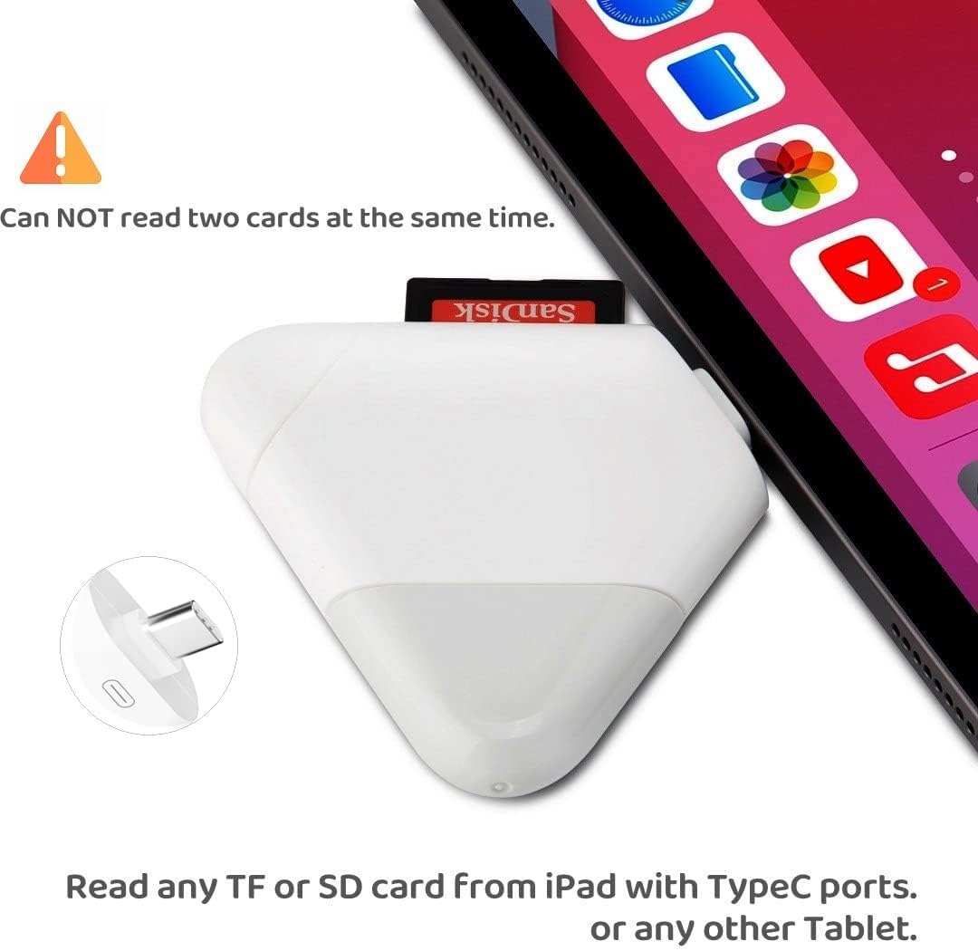 Ein weißer Kartenleser mit einer SD-Karte, der an ein Tablet angeschlossen ist.
