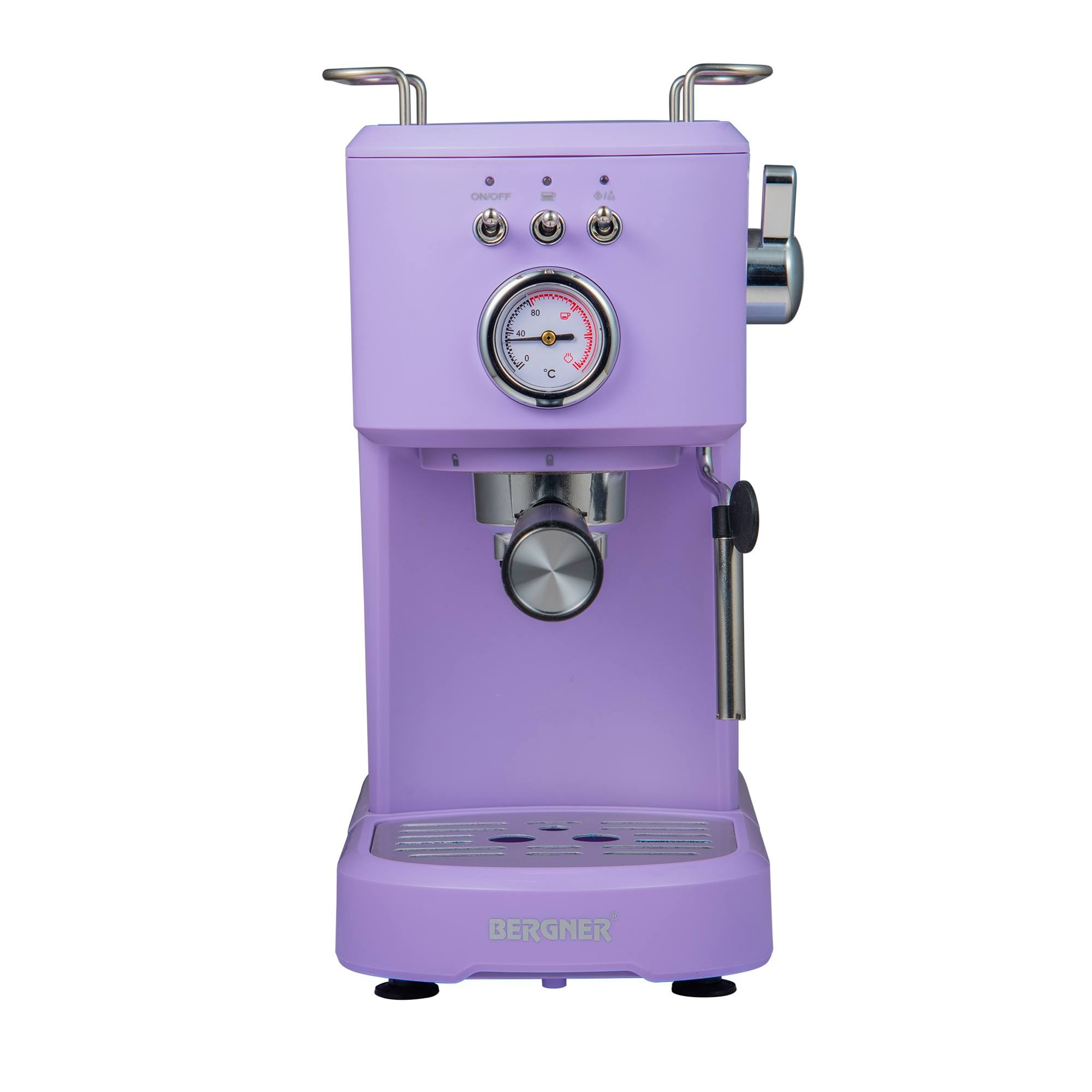 Una máquina de espresso lavanda con termómetro y detalles plateados.