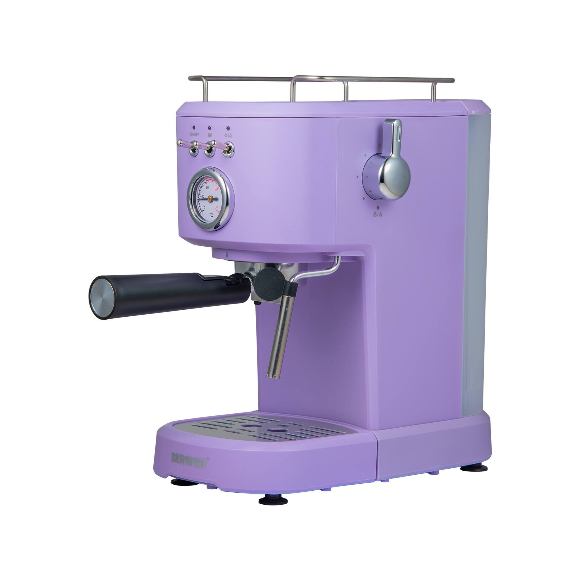 Una máquina de espresso lavanda con detalles plateados y un termómetro.