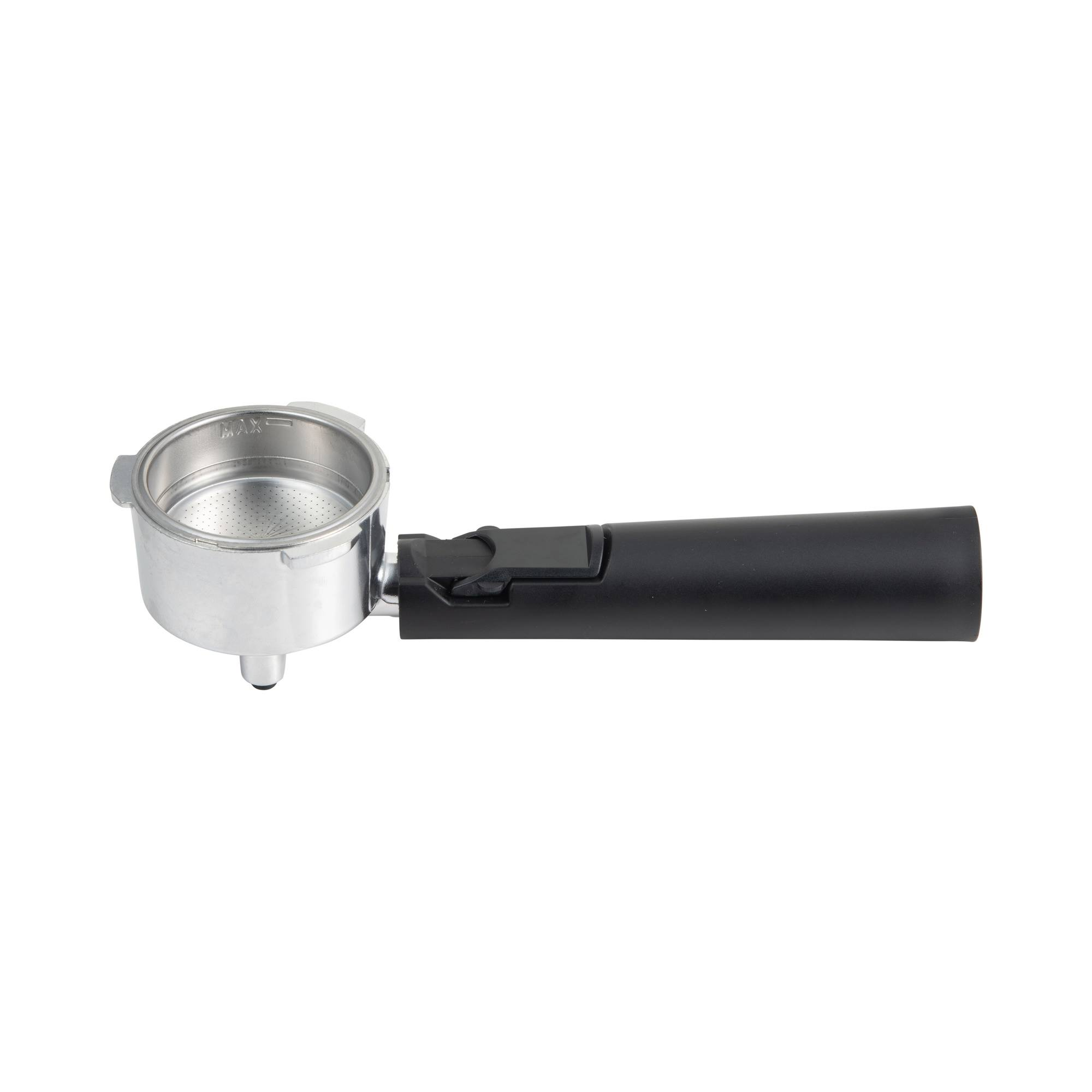 Un accesorio de cafetera portafiltro plateado con mango negro sobre blanco.