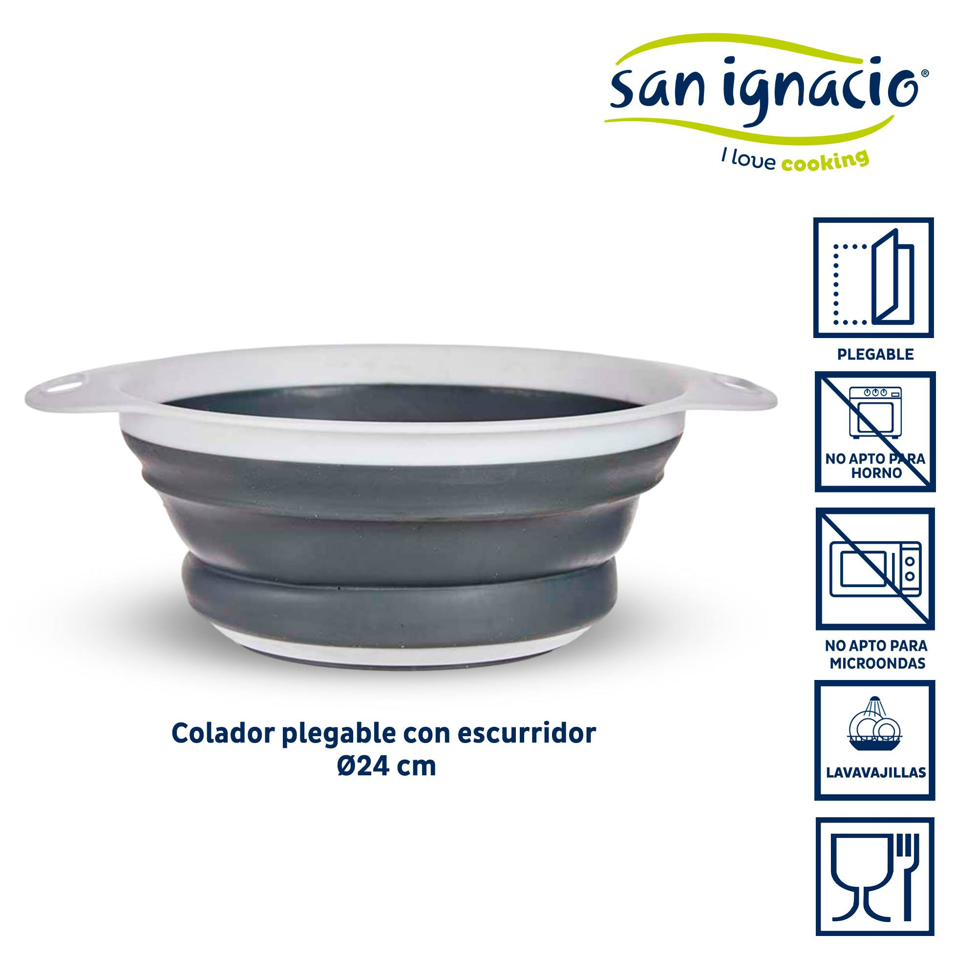 Colador plegable gris con asas blancas, 24 cm de diámetro.