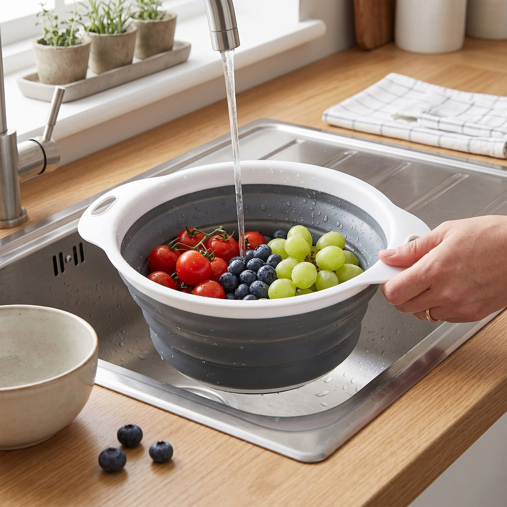 Fruta lavándose en un bol plegable bajo agua corriente.
