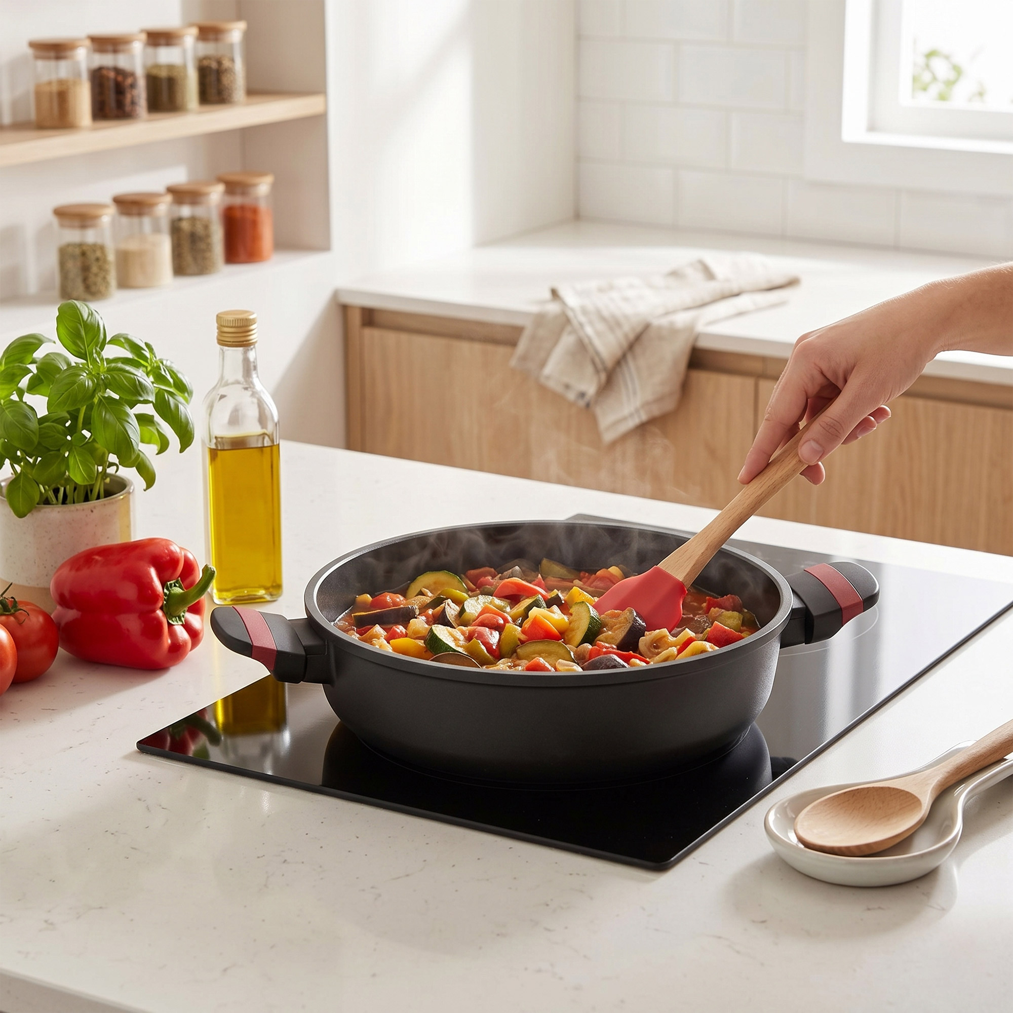 Las verduras se cocinan en una sartén sobre una placa de cocina, removidas con espátula.
