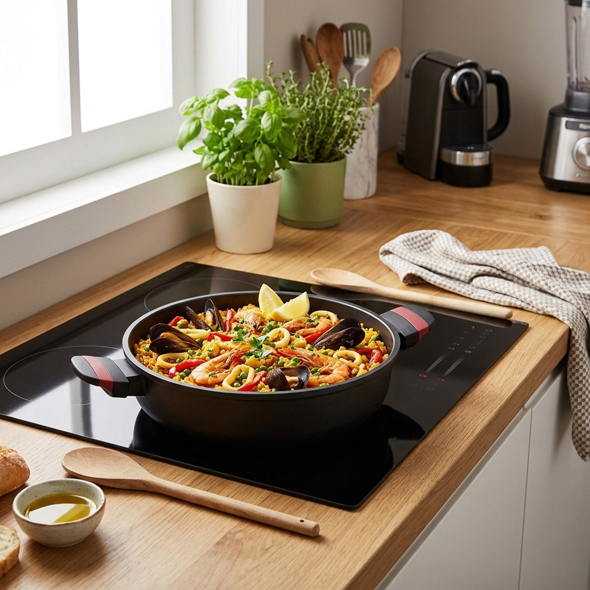 Paella en una sartén sobre una vitrocerámica con gambas, mejillones y verduras.
