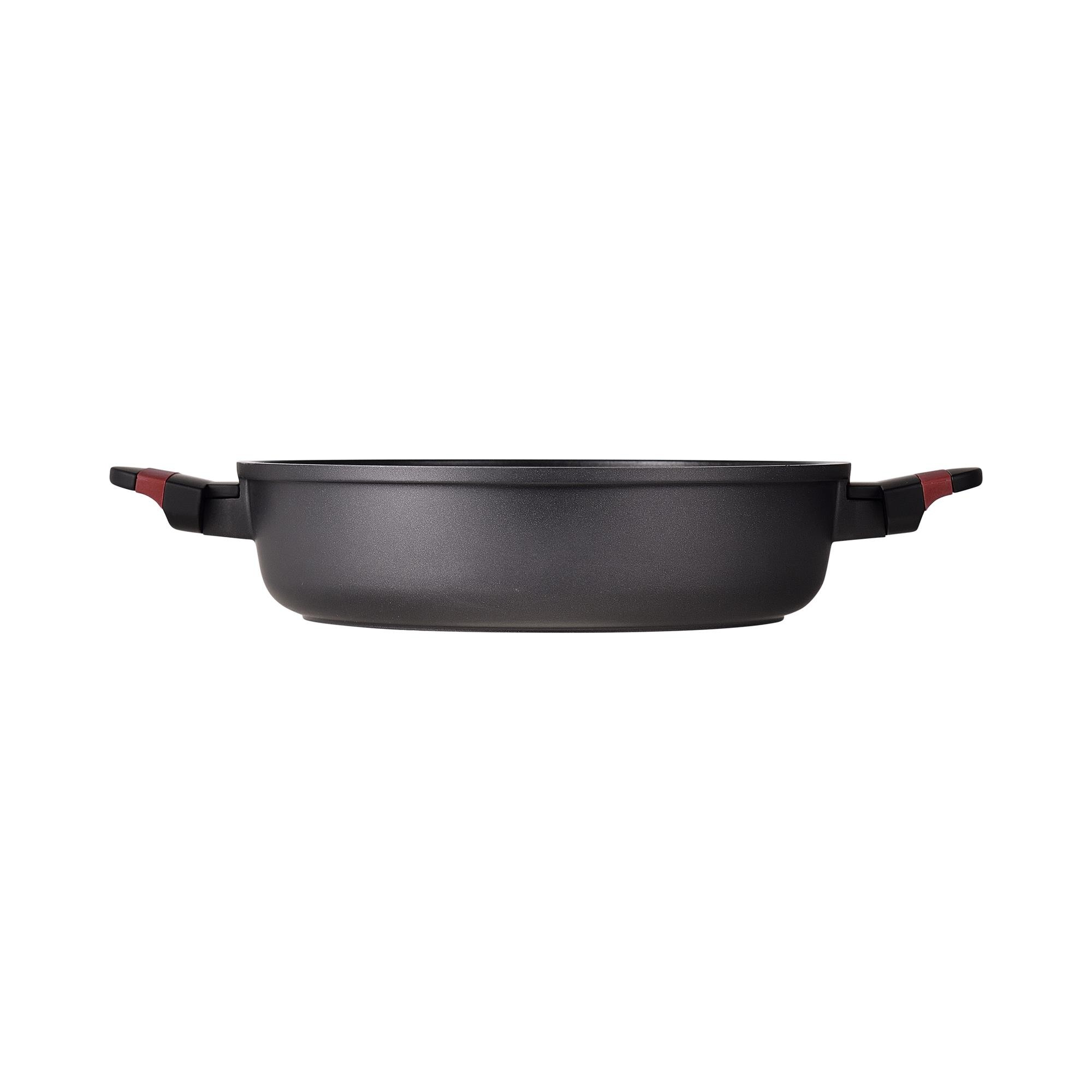 Olla negra con dos asas y detalles rojos, vista frontal.