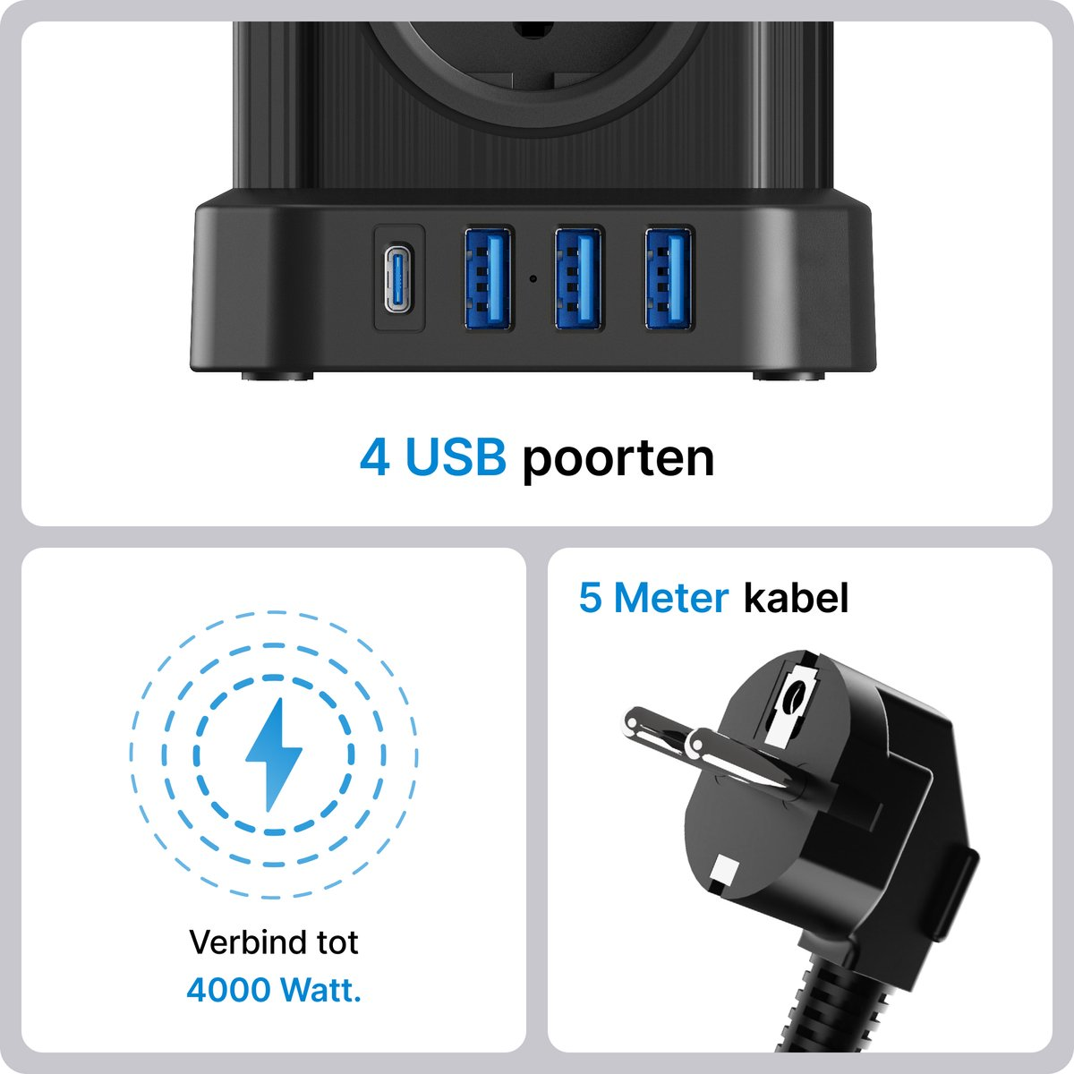 Schwarzer Mehrfachsteckdosenadapter mit 4 USB-Anschlüssen, 5m Kabel & 4000W Leistung.