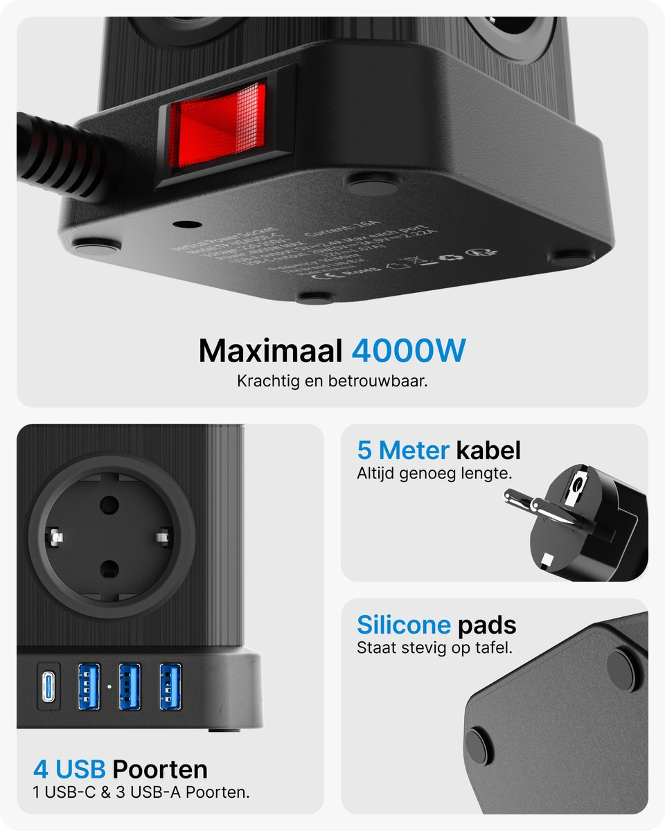 Schwarzer Mehrfachstecker mit rotem Schalter, 4 USB-Anschlüssen und Netzstecker.