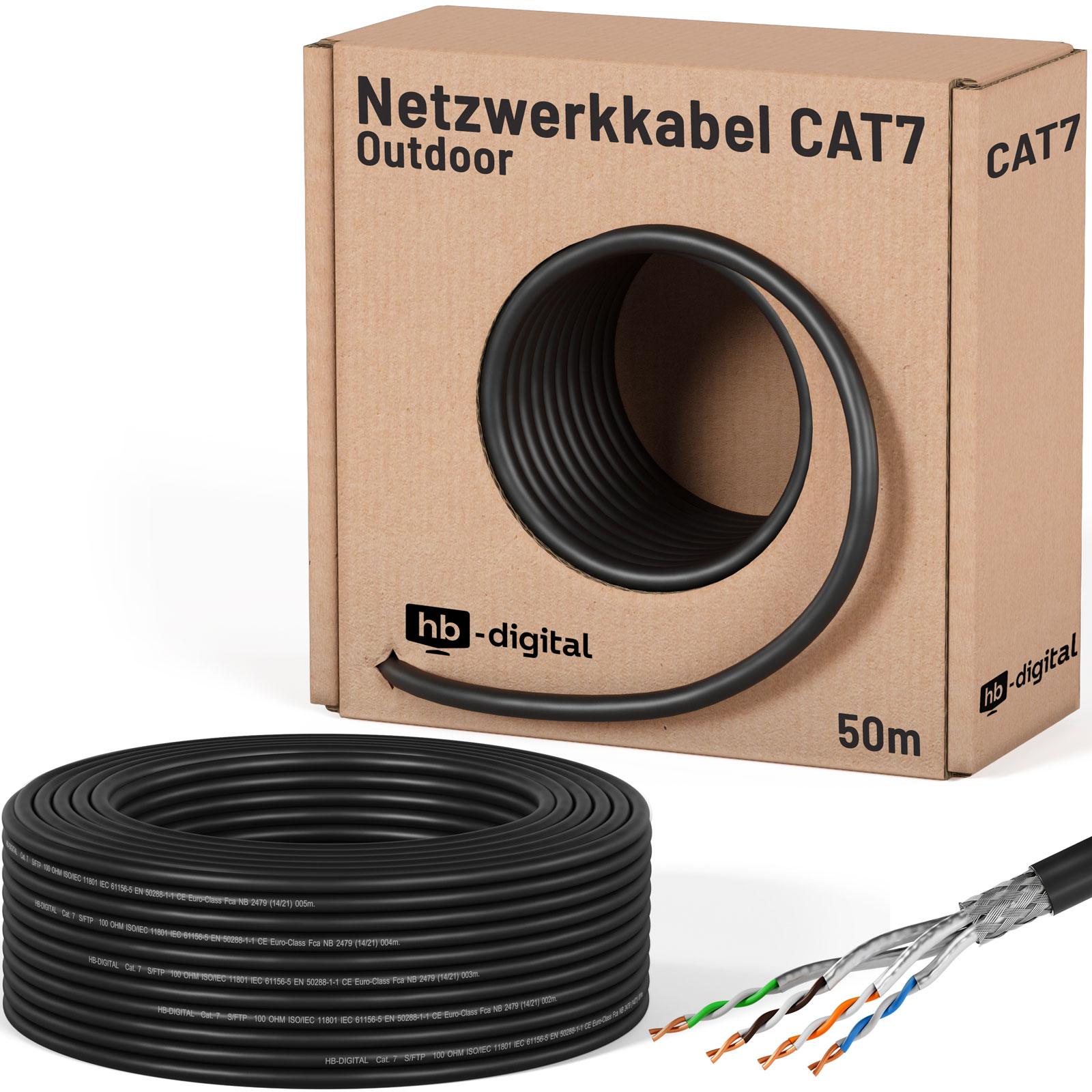 Netzwerkkabel CAT7 Outdoor auf Spule, 50m, mit offenem Ende.