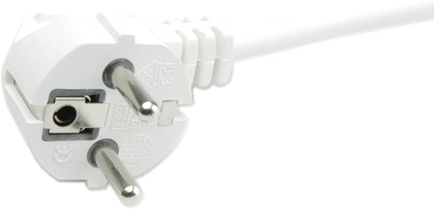 Ein weißer Stecker mit drei Metallstiften und einem Kabel.