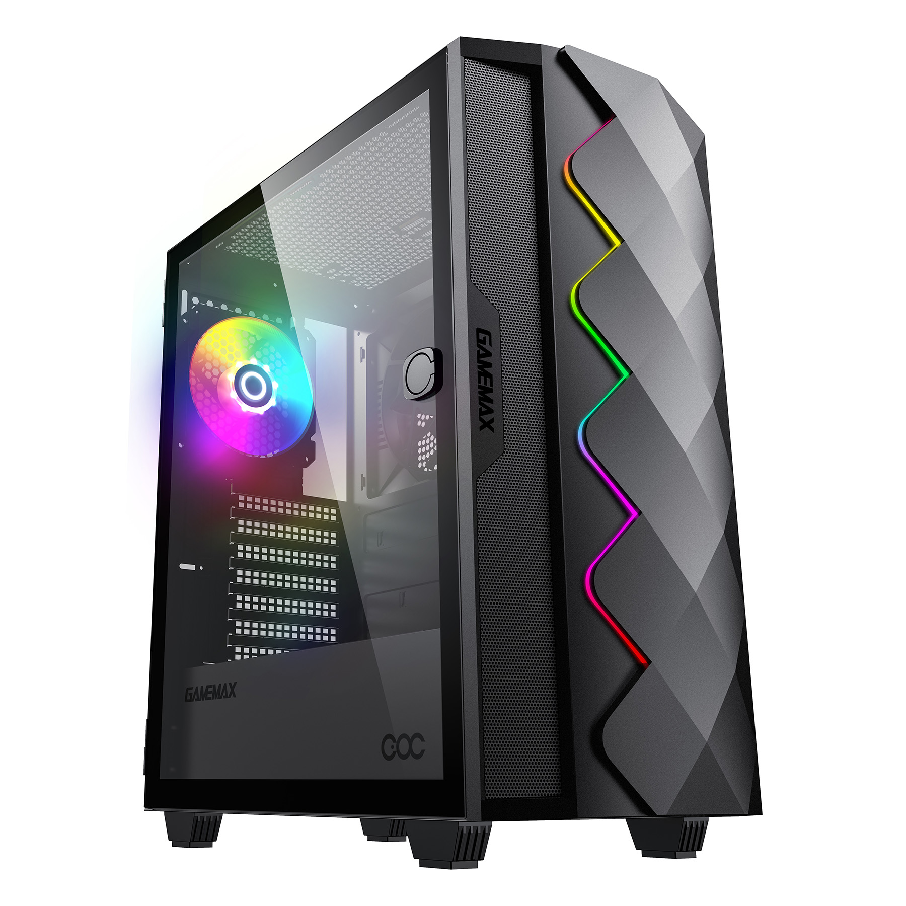Ein schwarzer Gamemax-Computerturm mit Glasseitenteil und RGB-Lüfter.