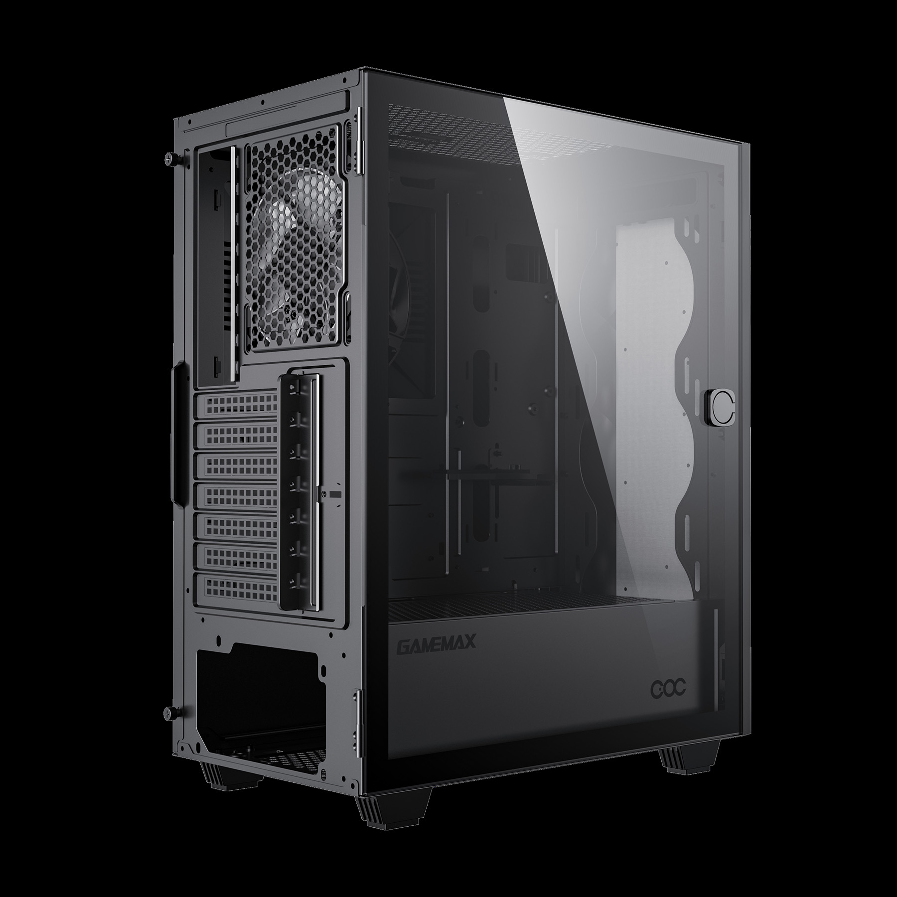 Schwarzes Computergehäuse mit Glasfenster und Lüftergitter.