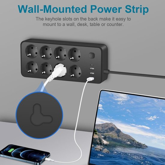 Schwarzer Wand-Steckdosenleiste mit 8 Steckplätzen, 3 USB-Ports. Ein Handy und ein Laptop sind angeschlossen.