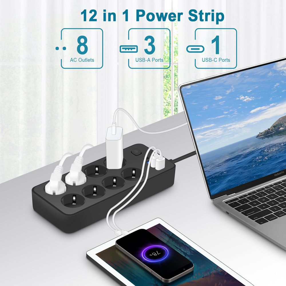 Schwarze 12-in-1-Steckdosenleiste mit 8 Steckdosen, 3 USB-A, 1 USB-C, lädt Laptop, Tablet und Handy.