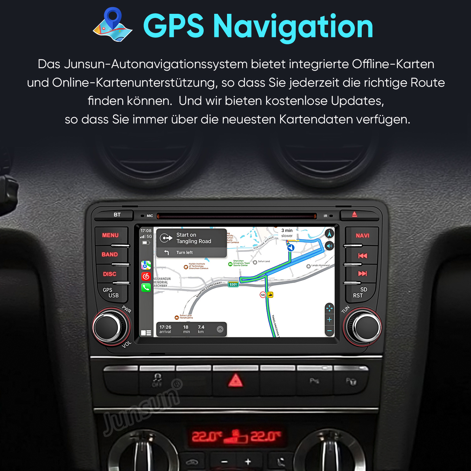 Ein Auto-Navigationssystem mit Kartenansicht und Routenführung wird gezeigt.