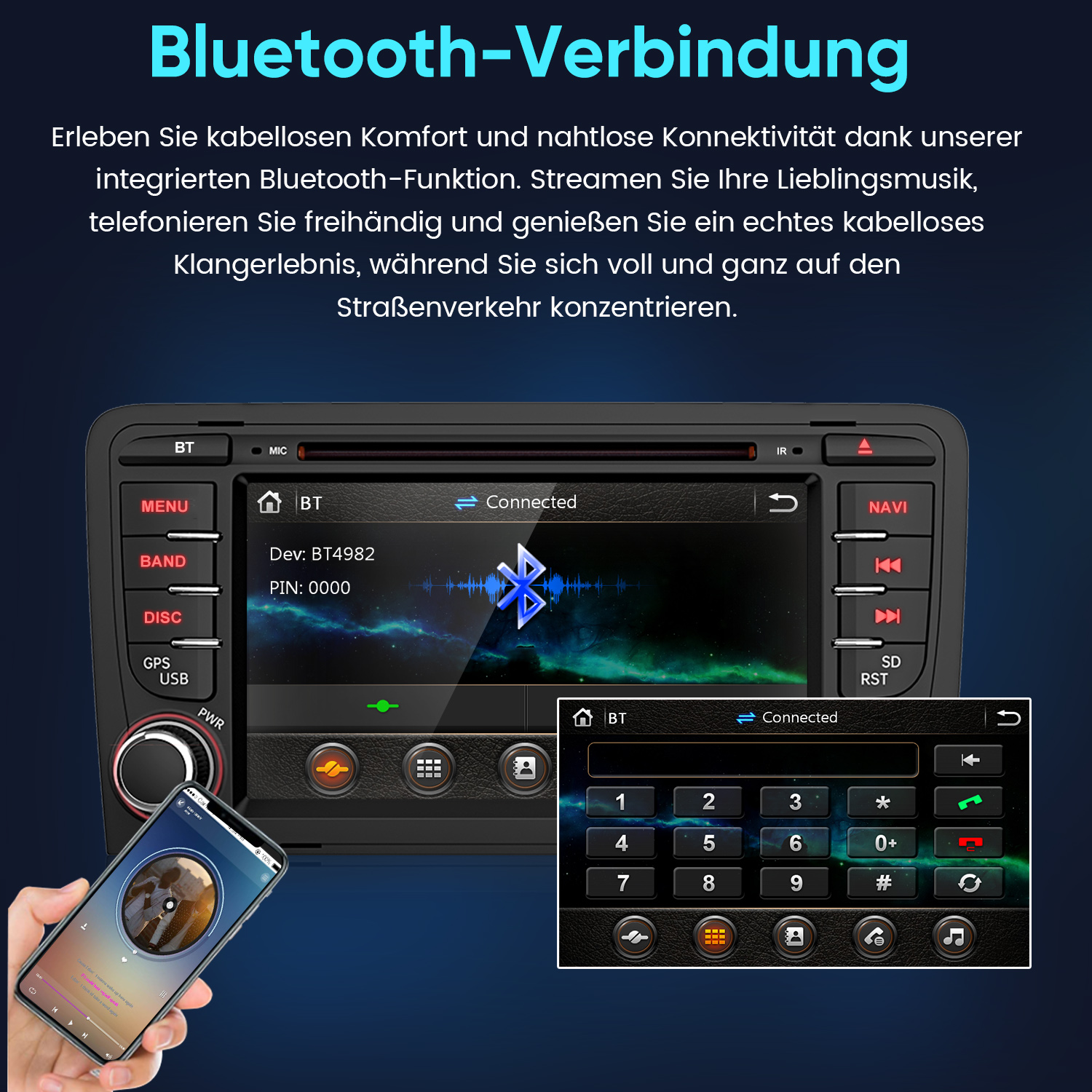 Ein Smartphone verbindet sich per Bluetooth mit einem Autoradio-Display. Tastatur wird gezeigt.