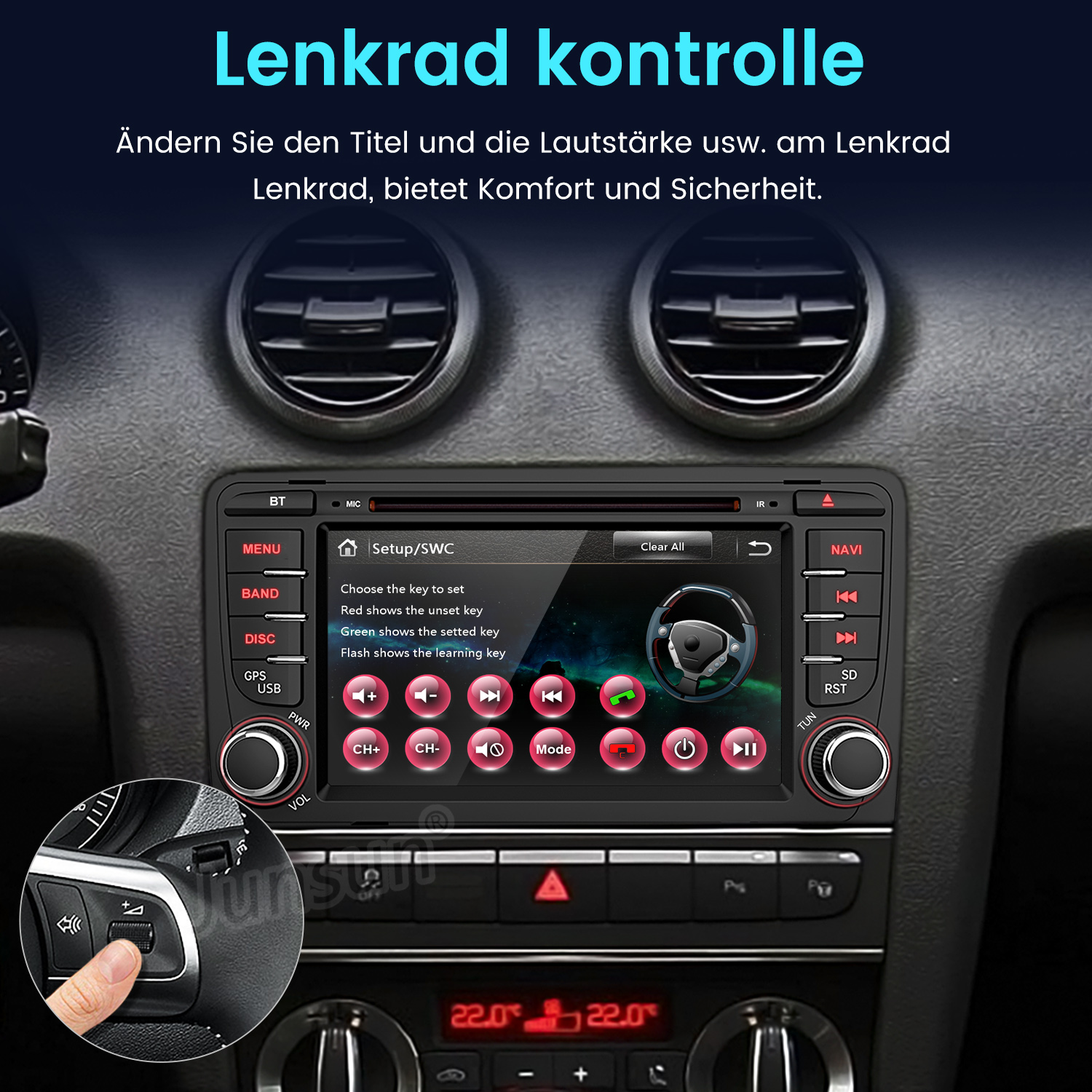 Ein Autoradio mit Lenkradsteuerung und Touchscreen-Menü.