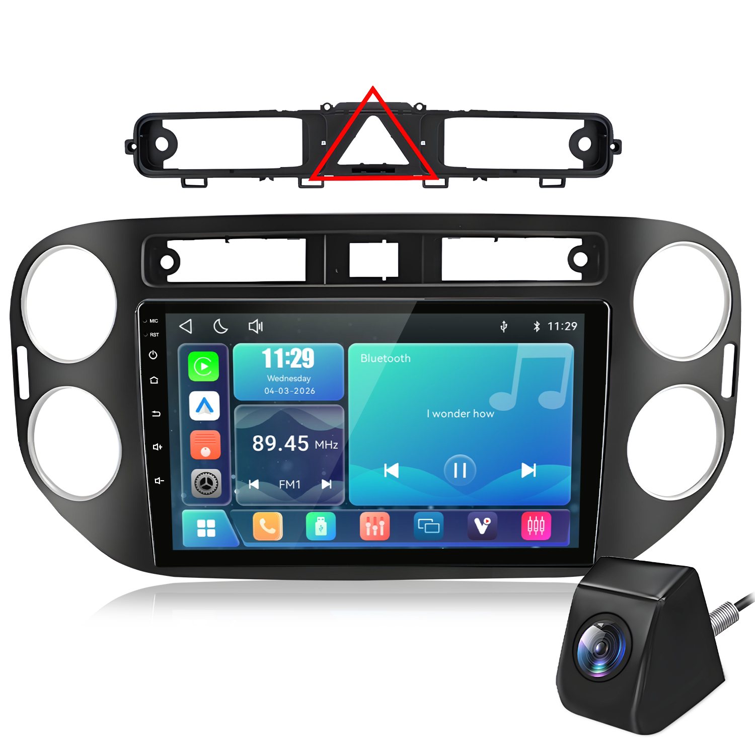 Ein schwarzer Autoradio-Rahmen mit Touchscreen-Display, Kamera und Zubehör.