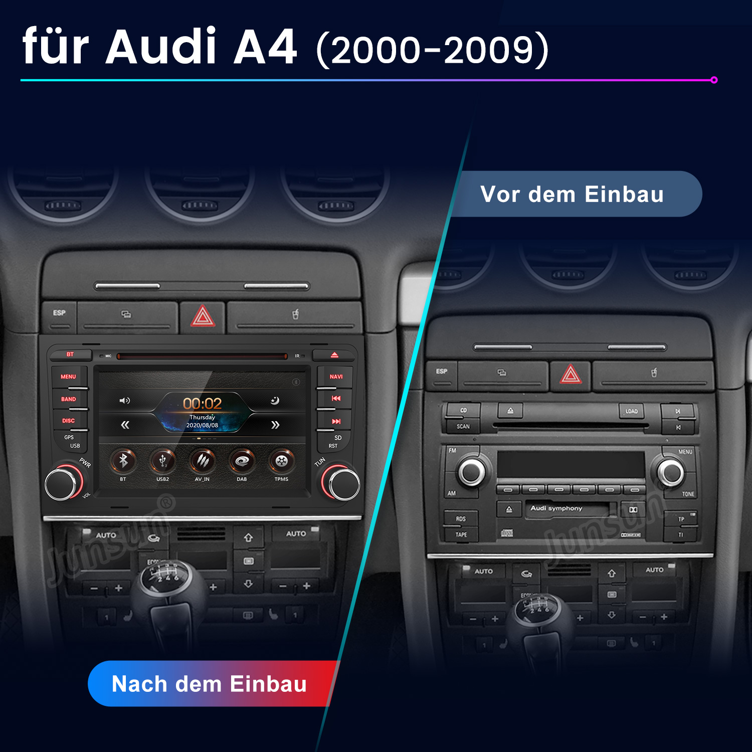 Vergleich Audi A4 Armaturenbrett: Vor und nach Einbau eines neuen Geräts.