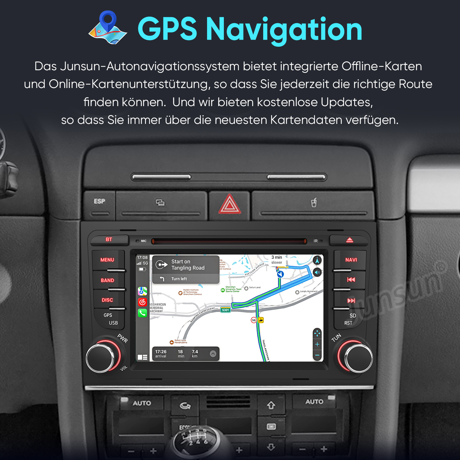 Ein Autoradio mit GPS-Navigation zeigt eine Karte mit einer Route und Fahranweisungen an.