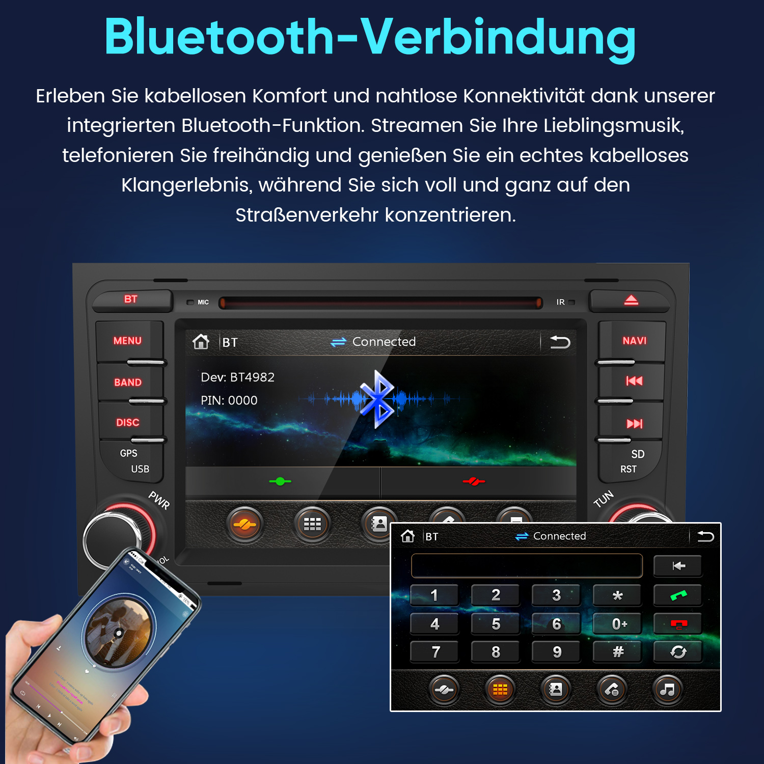 Ein Auto-Infotainmentsystem zeigt eine Bluetooth-Verbindung mit einem Telefon.
