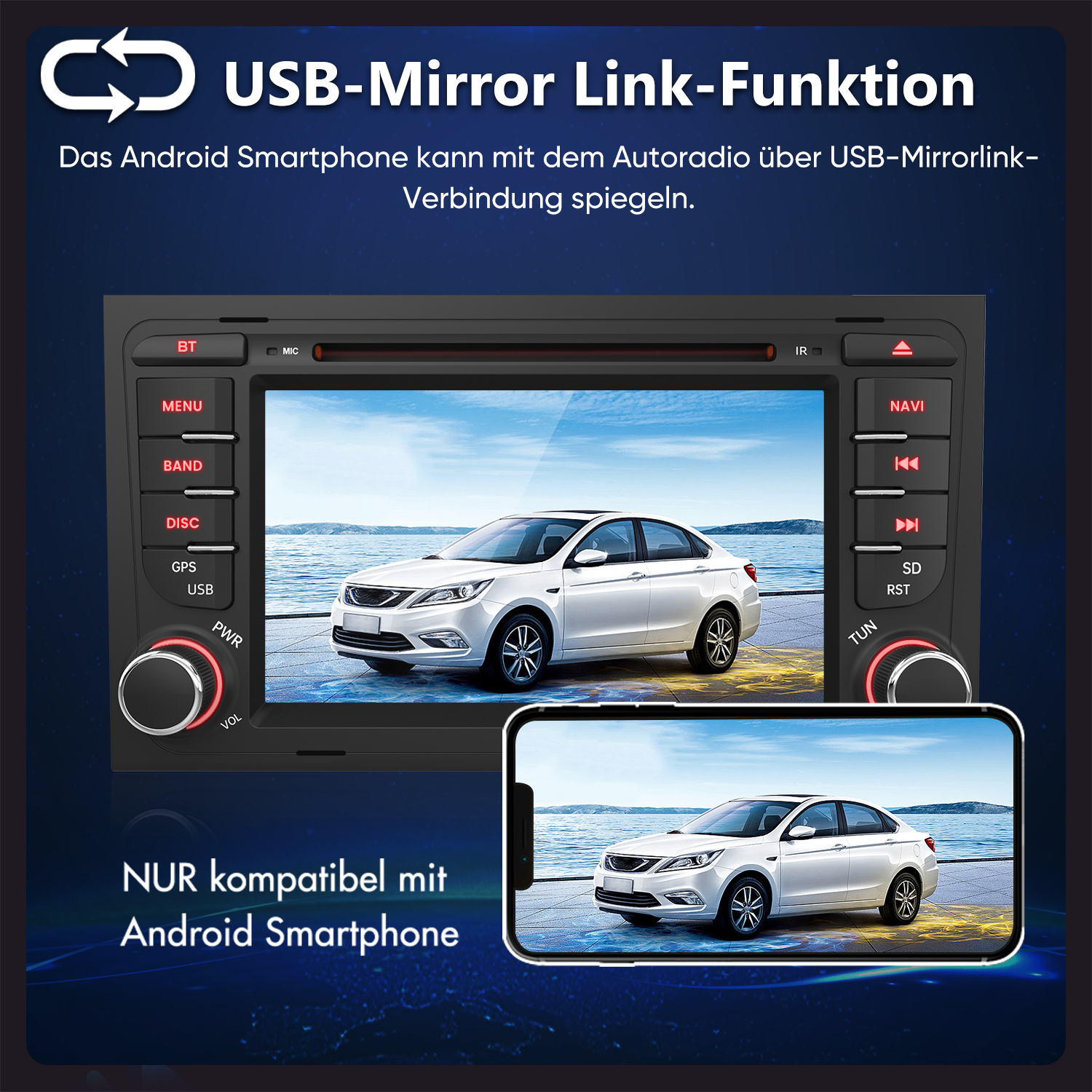 Ein Autoradio zeigt ein weißes Auto; darunter ein Smartphone mit demselben Auto.