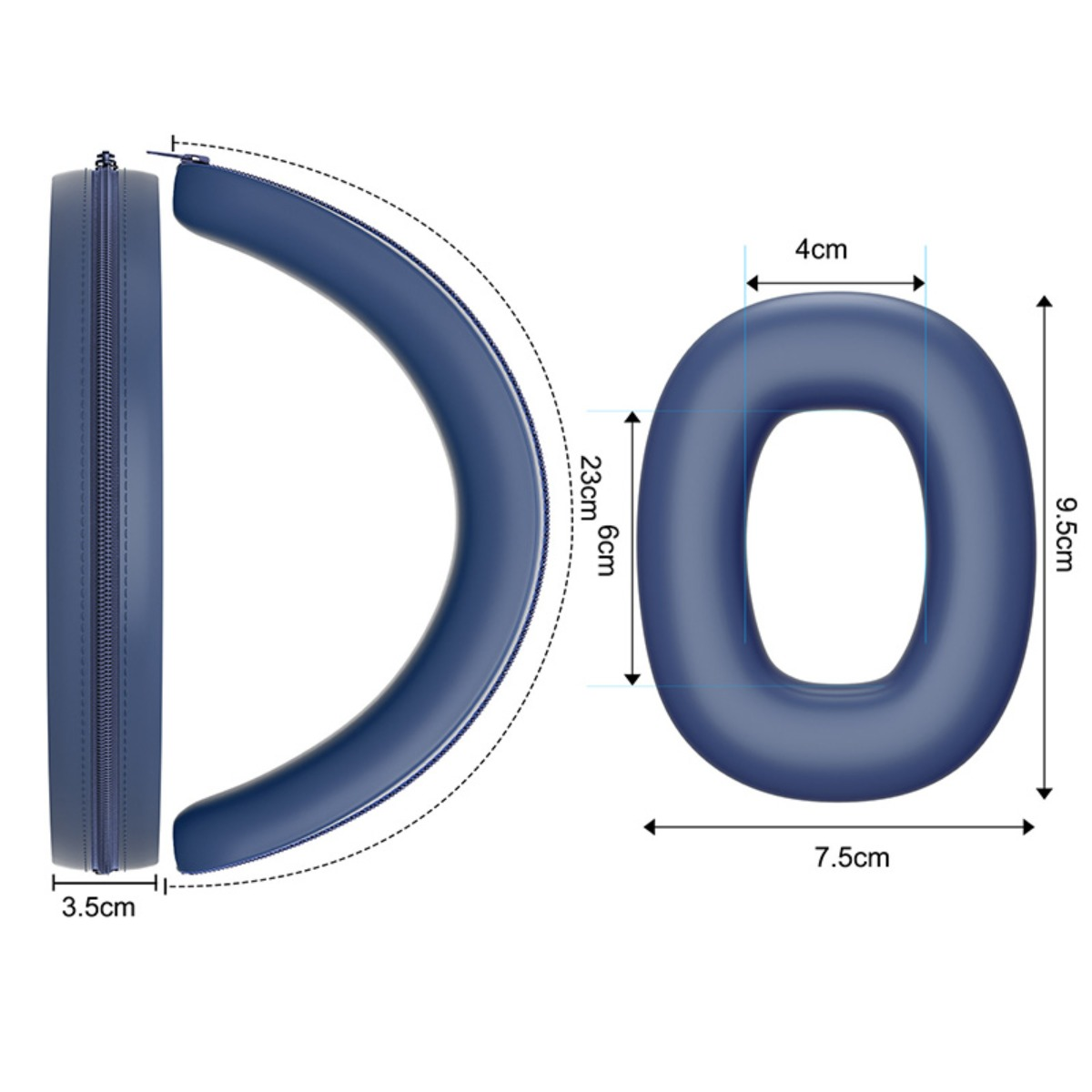 Blaue Ohrpolster mit Maßen: 3,5cm breit, 23cm lang, 4cm dick, 9,5cm hoch.