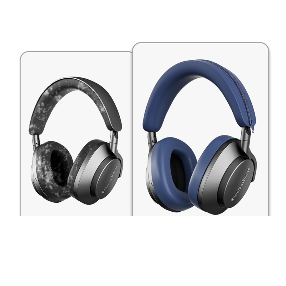 Zwei Kopfhörer nebeneinander, einer blau, der andere mit Muster.