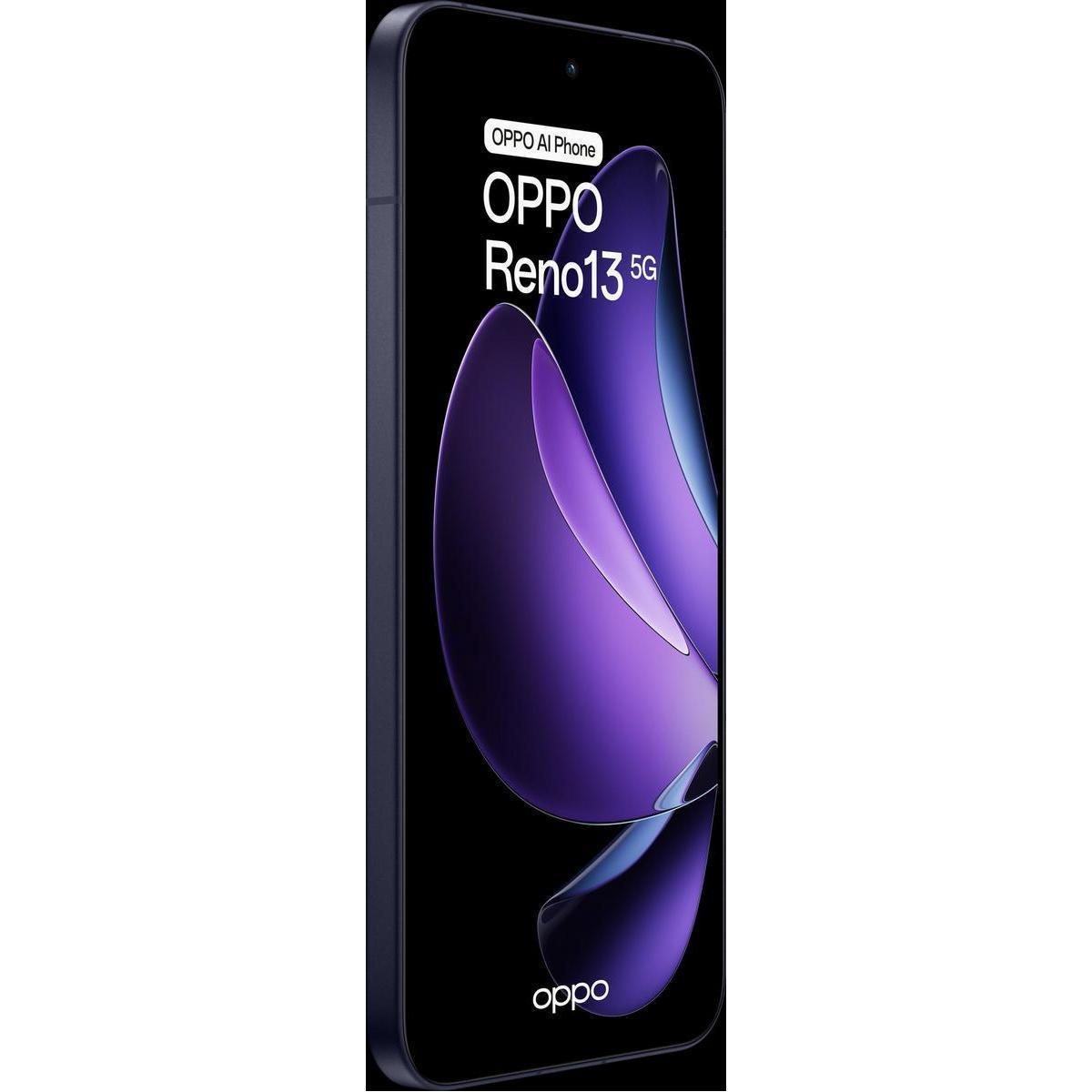 Smartphone Oppo Reno 13 5G azul oscuro con patrón de onda morado en la pantalla.