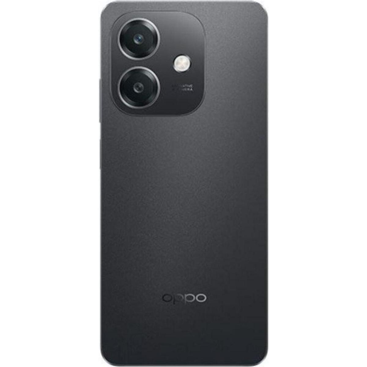 Parte trasera de un smartphone Oppo gris oscuro, con cámara dual y logo.