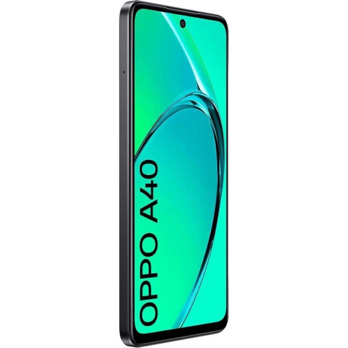 Teléfono inteligente negro con fondo verde, mostrando texto "OPPO A40".