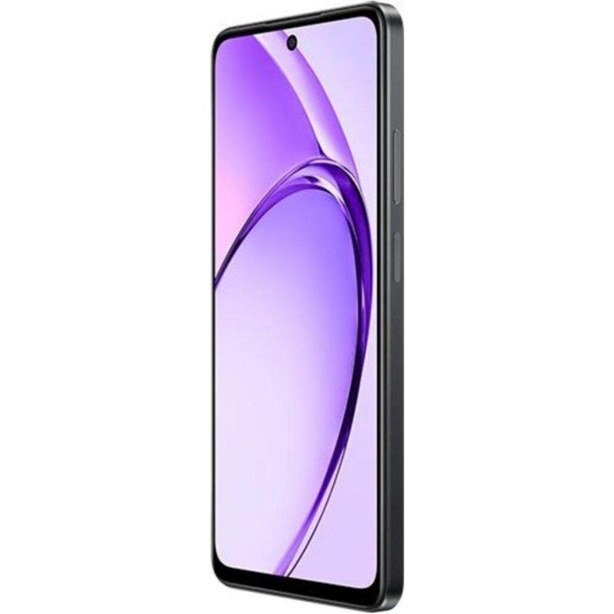 Un teléfono inteligente negro que muestra un fondo morado con líneas curvas.