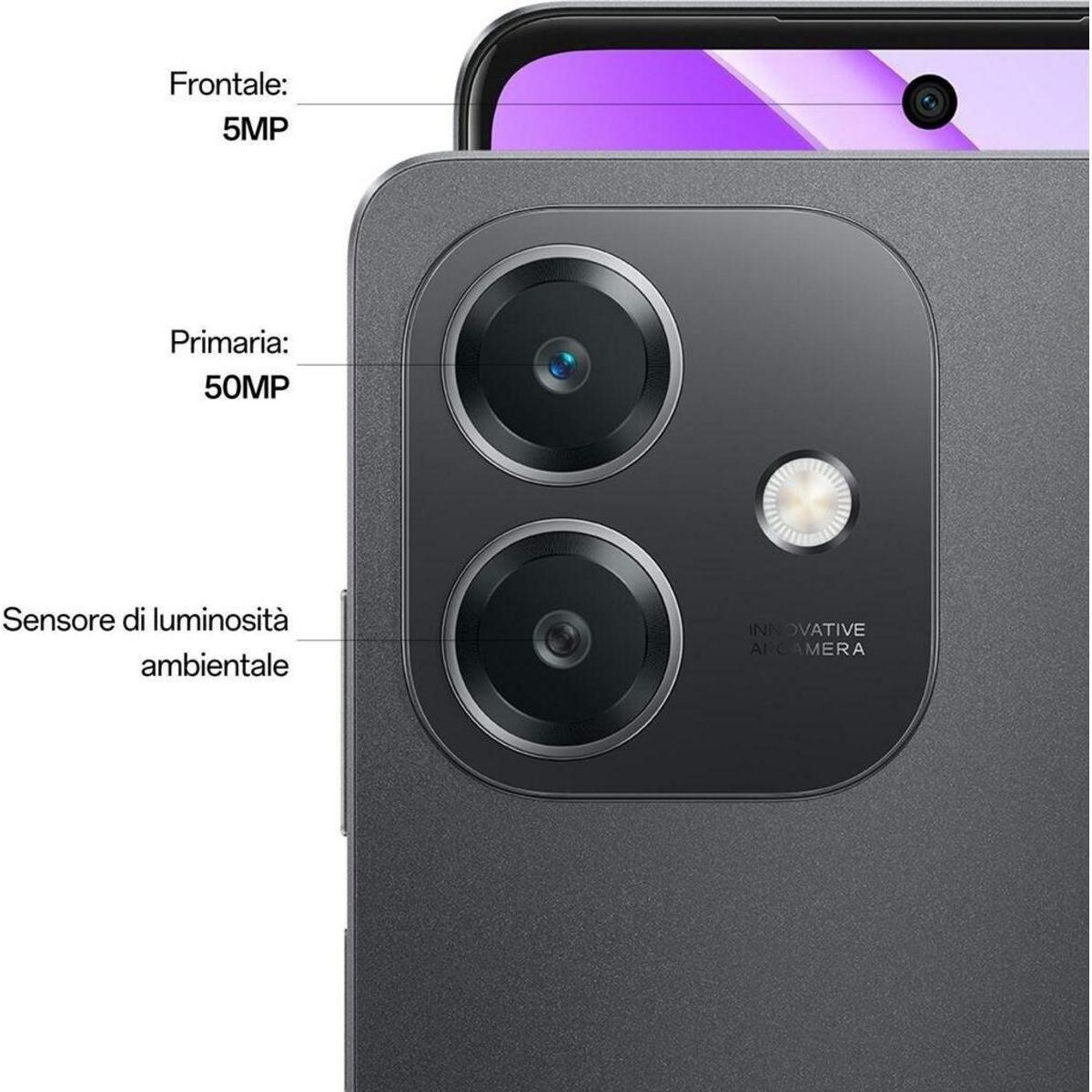 Primer plano de un conjunto de cámaras de smartphone con texto que etiqueta la cámara frontal de 5MP y la cámara principal de 50MP.