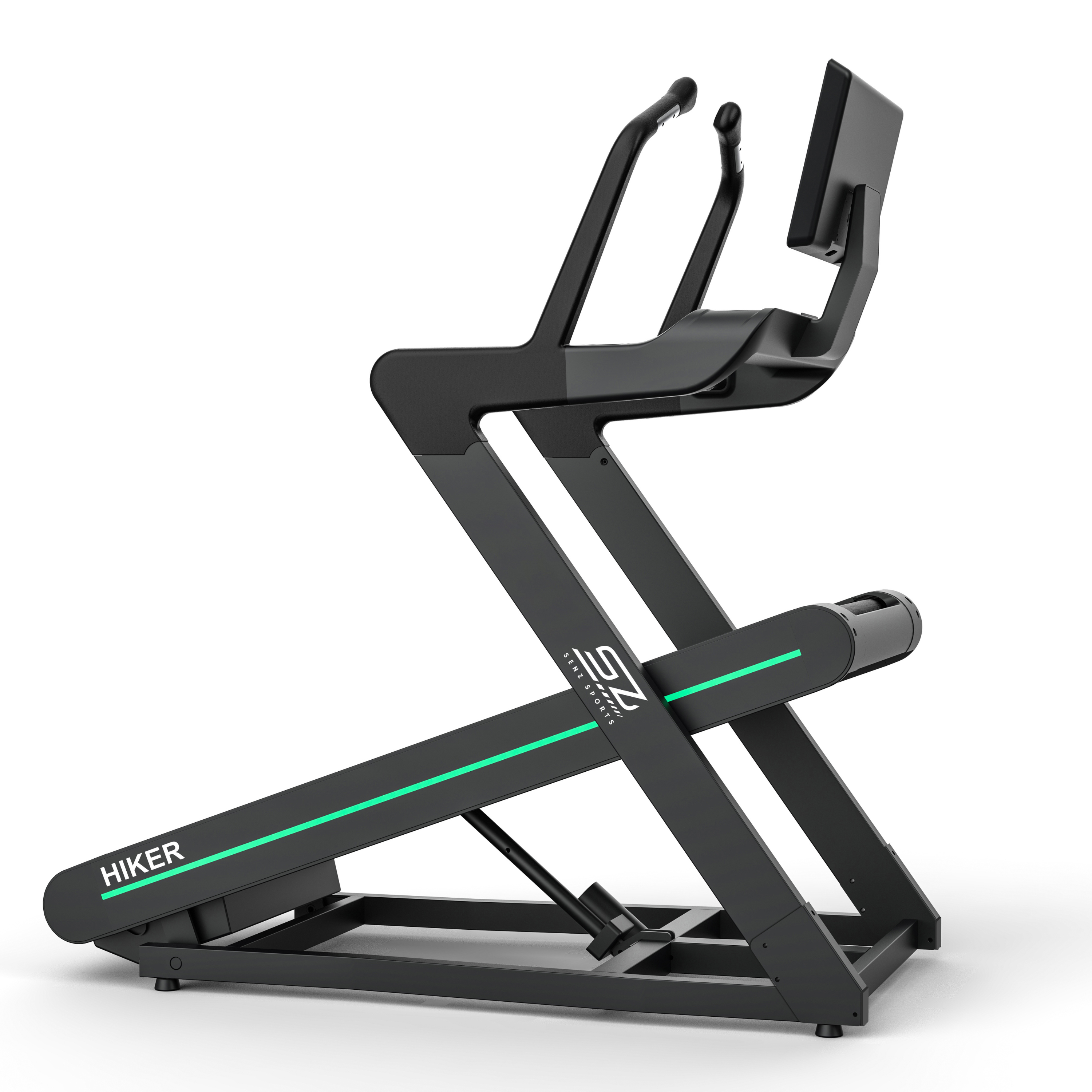 Een zwarte traptrainer met groene accenten en een scherm.