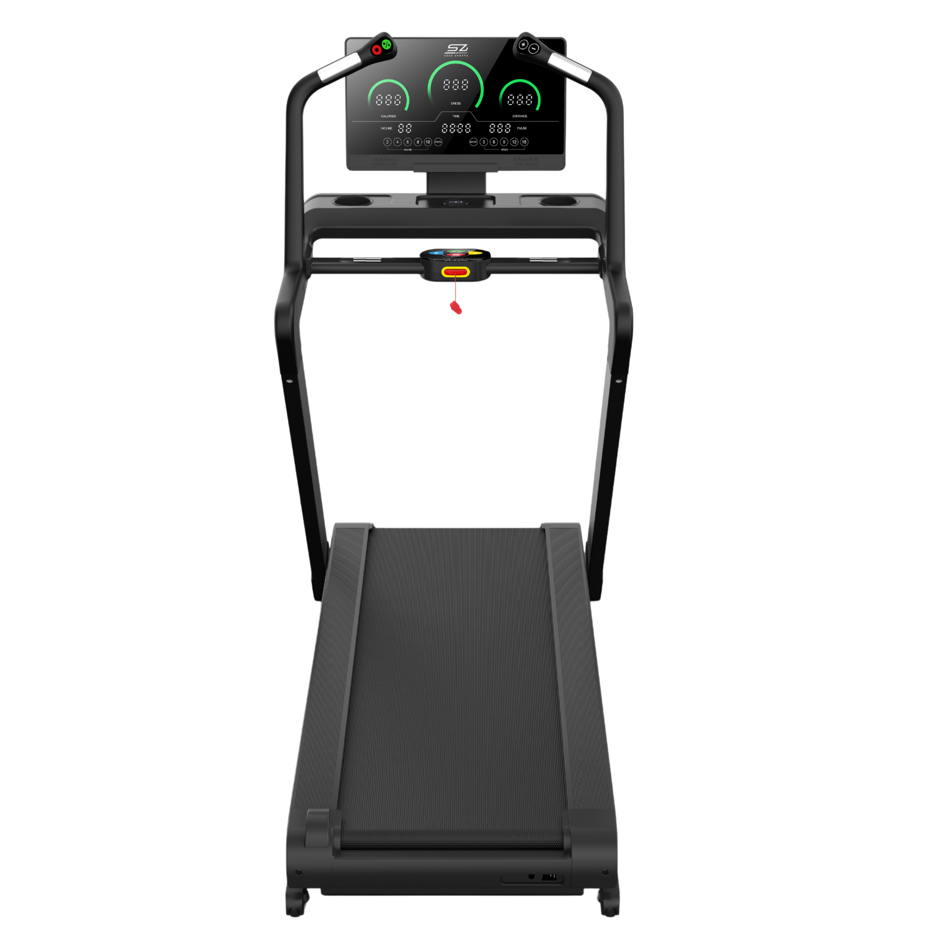 Een zwarte loopband met een groot digitaal scherm dat trainingsgegevens weergeeft.
