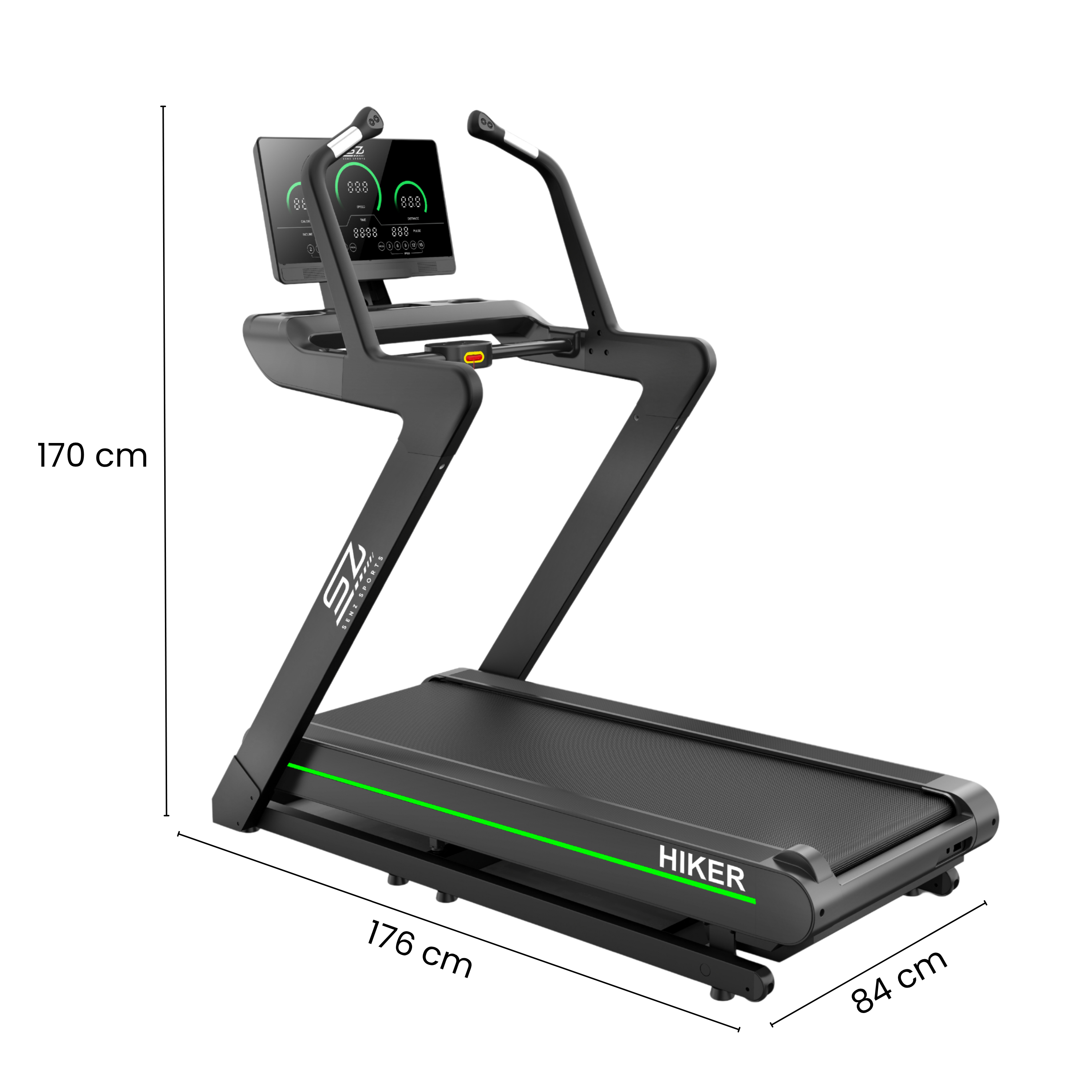 Zwarte loopband met digitaal display, afmetingen 176x84x170 cm.