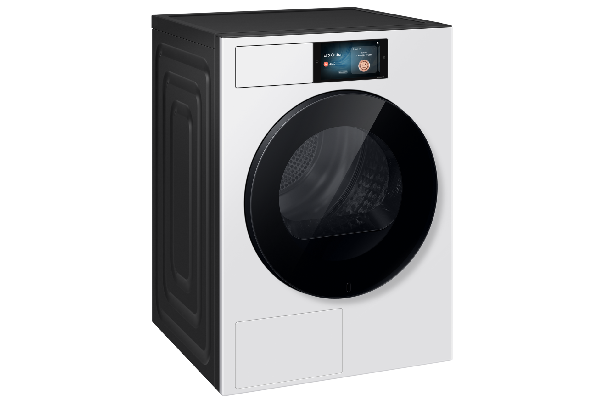 Eine weiße Waschmaschine mit schwarzer Tür und Touchscreen-Display.