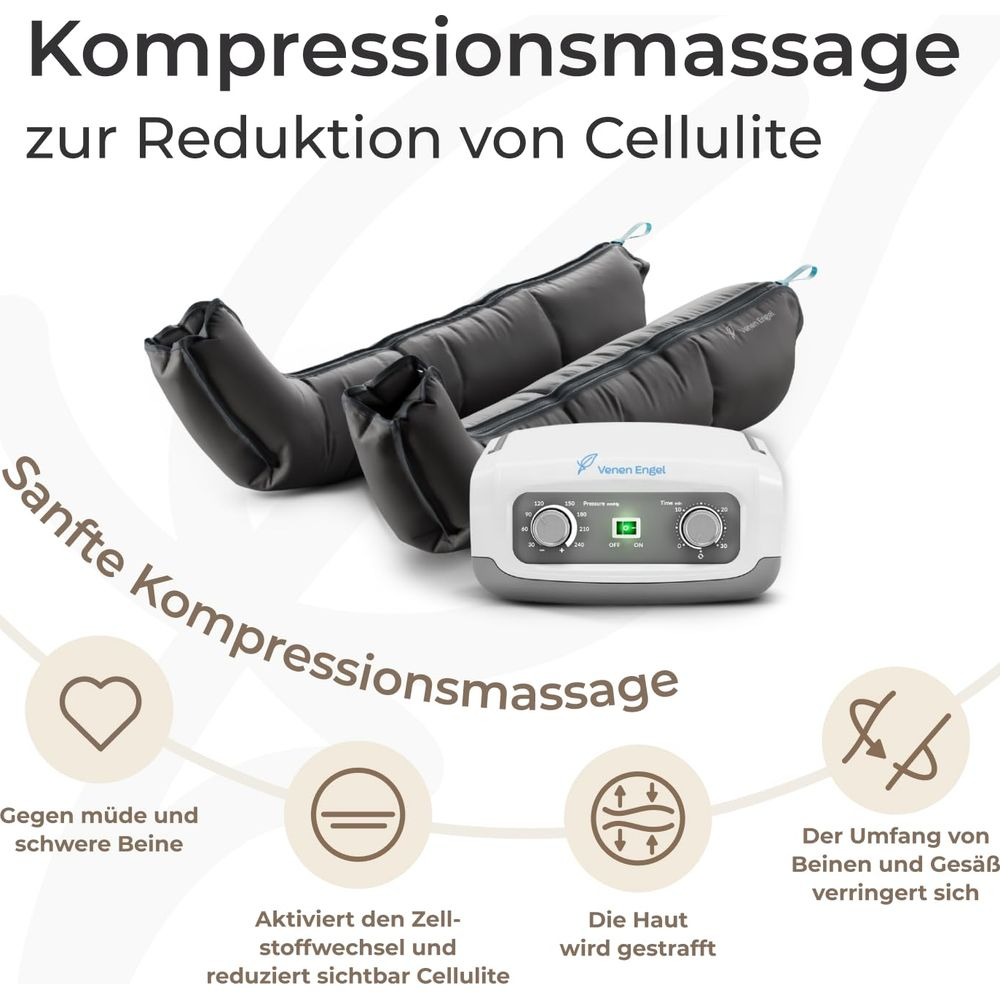 Kompressionsmassagegerät mit Beinschläuchen zur Cellulitereduktion, gegen müde Beine.