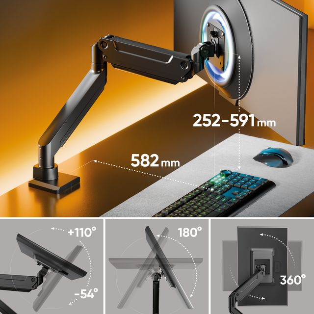 Un braccio per monitor nero si attacca a una scrivania, tenendo un monitor. Vengono mostrate le misure.