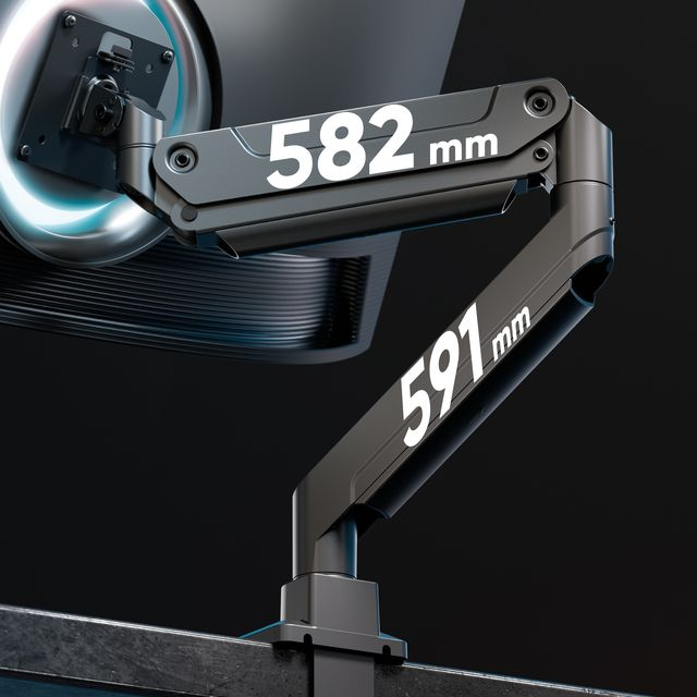 Un braccio monitor nero con "582mm" e "591mm" segnati.