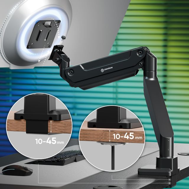 Braccio monitor nero con morsetto, che mostra supporto spessore scrivania 10-45 mm.