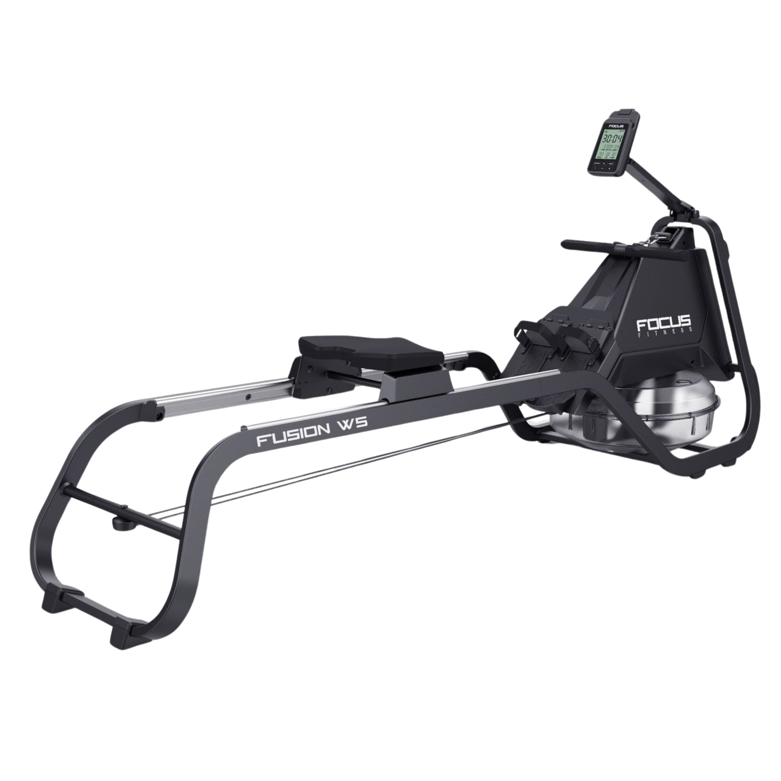Een zwarte "FOCUS FITNESS" roeimachine met een zilveren rail en scherm.
