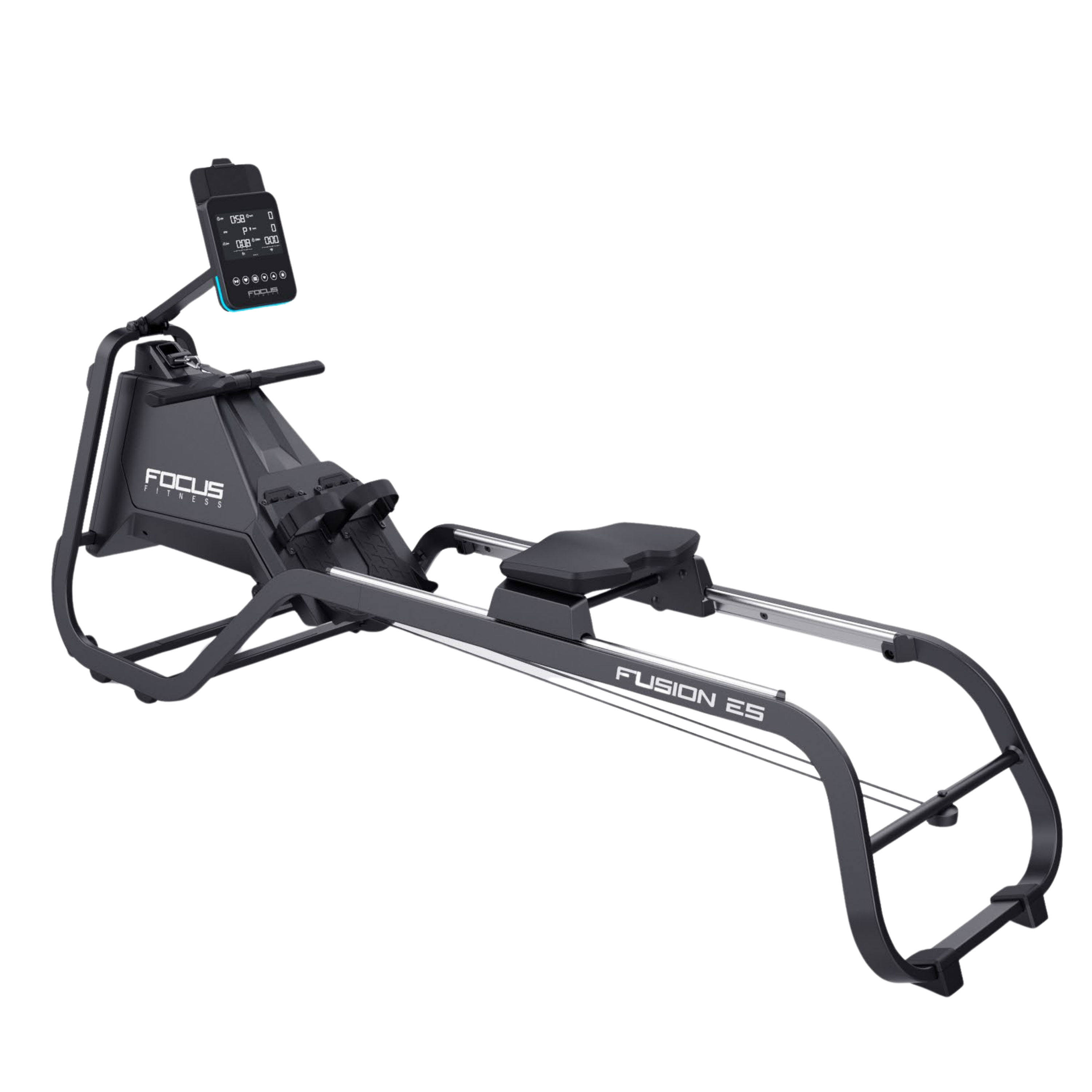 Een zwarte roeimachine met digitaal display en "FOCUS FITNESS" logo.
