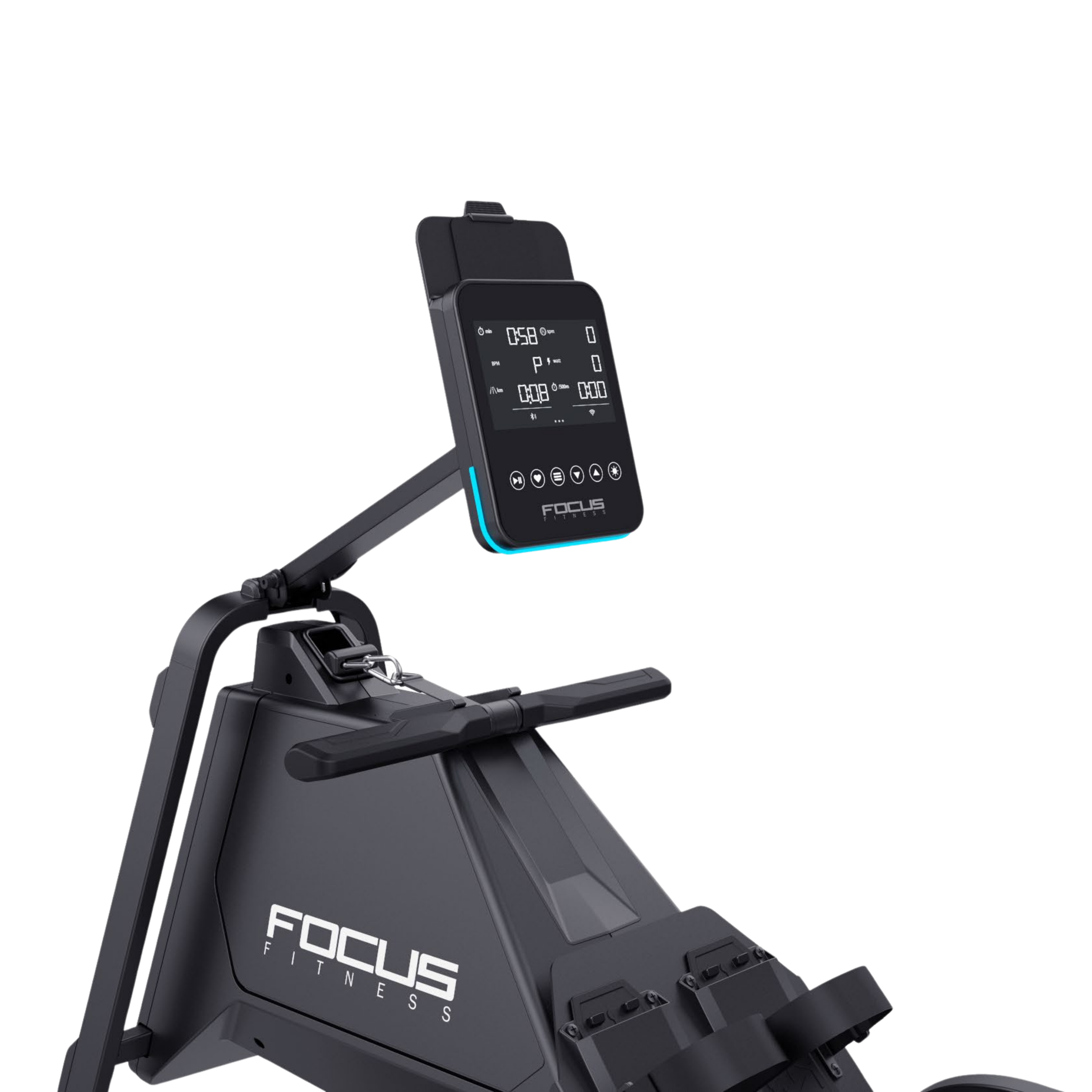 Close-up van een zwarte roeimachine met digitaal display en 'FOCUS FITNESS' logo.