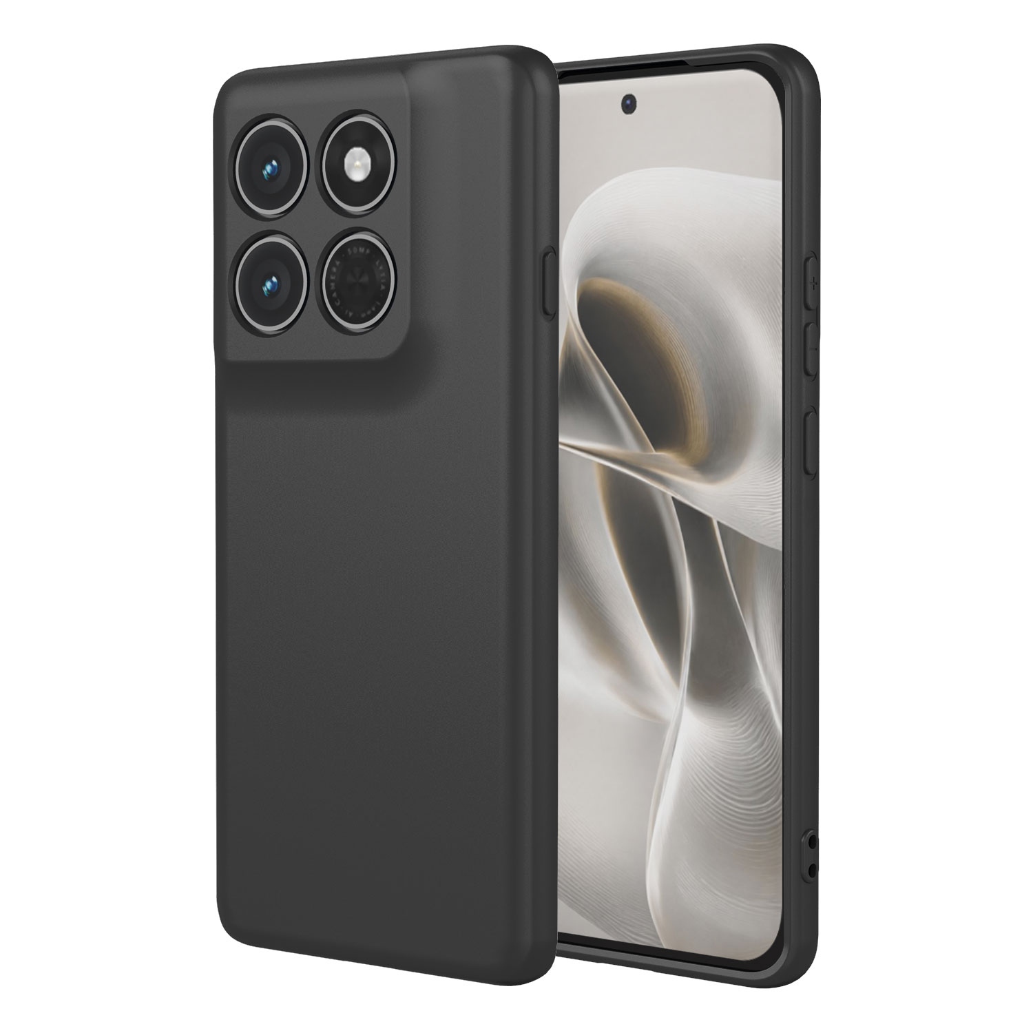 Zwarte smartphone met vier camera's en een gestileerde achtergrond.