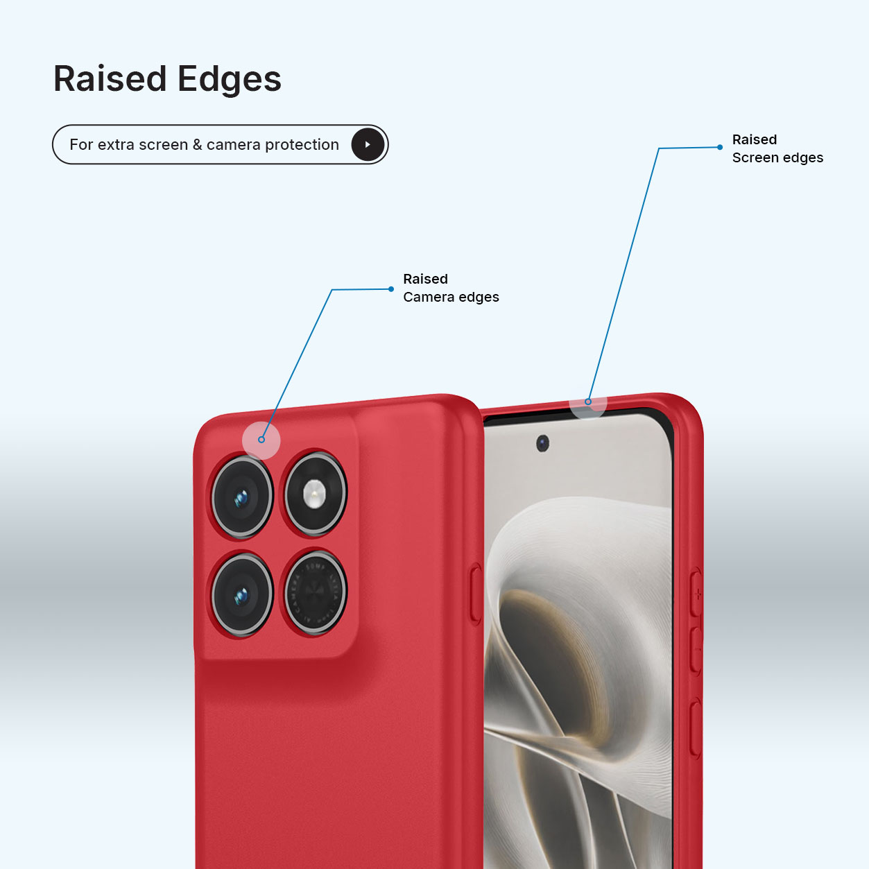 Rode telefoonhoes met verhoogde randen voor camera- en schermbescherming.