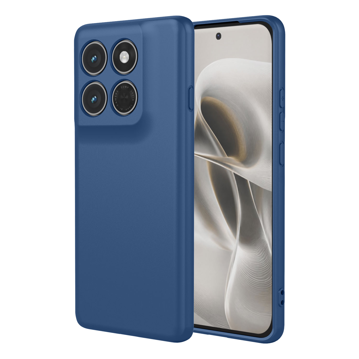 Blauwe telefoonhoes met vier cameralenzen en een smartphone erin.