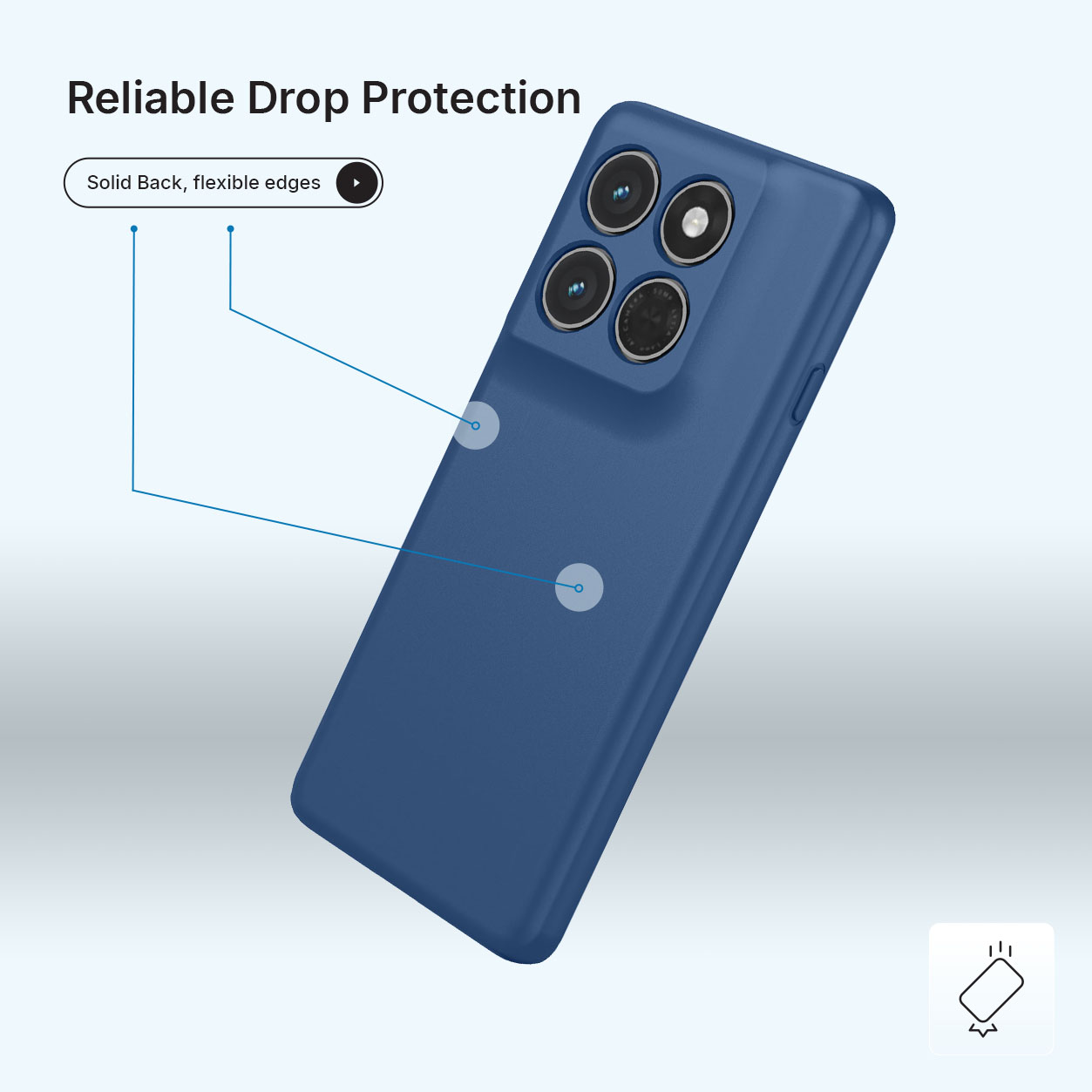 Donkerblauwe telefoonhoes met vier camera-uitsparingen en tekst.