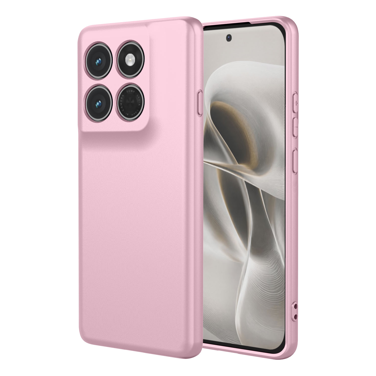 Een roze telefoonhoesje naast een smartphone met vier camera's.