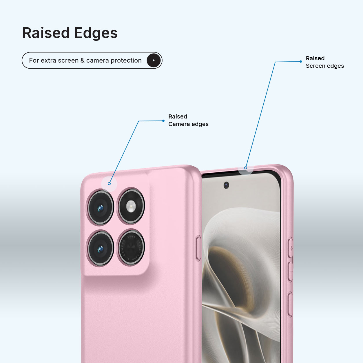 Een roze telefoonhoes met verhoogde randen voor camera- en schermbescherming.