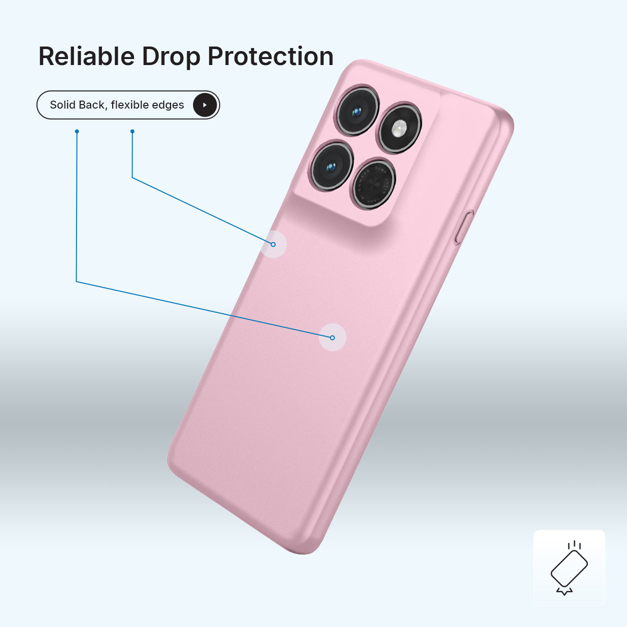 Een roze telefoonhoesje met cameralens, op een lichtblauwe achtergrond.